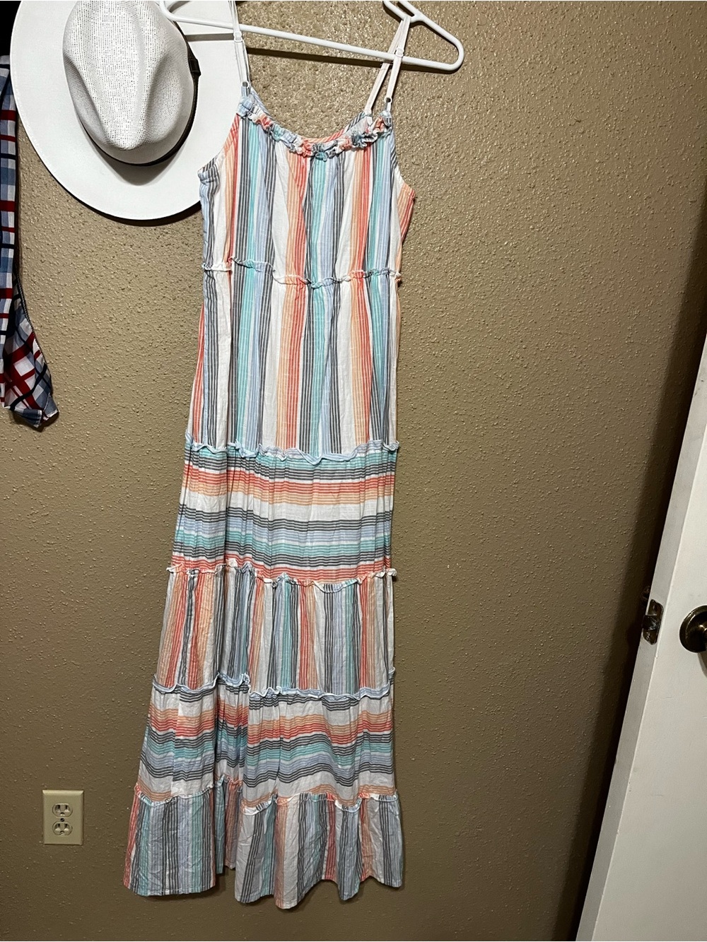 Jessica Simpson Striped Maxi Dress in Coral, Aqua, Gray & White